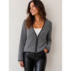 TROUVE Fuzzy Textured Cropped Jacket Gray Black Zip Front Moto | Large